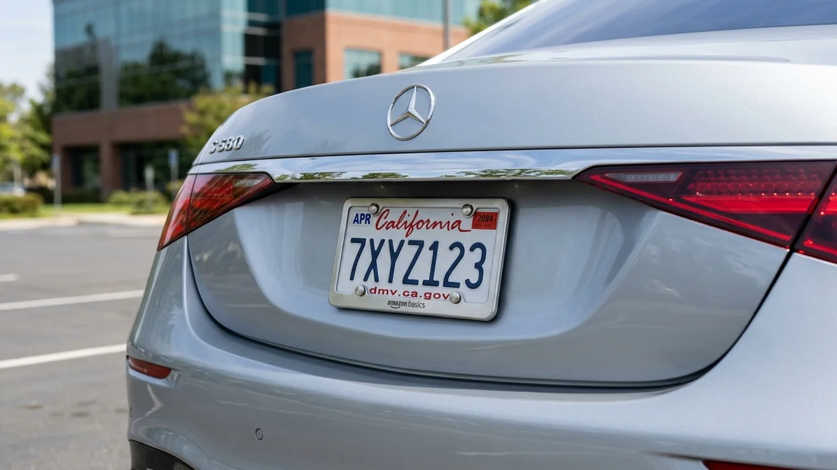 stainless steel license plate frame on modern vehicle
