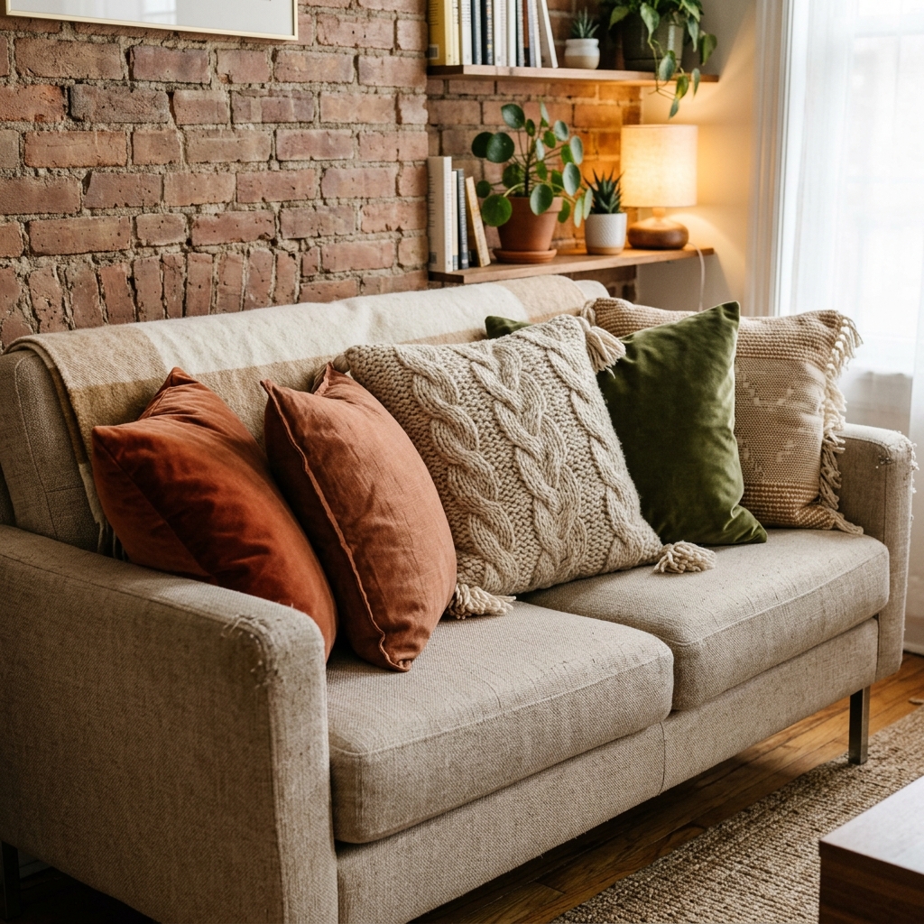 Layered Textured Throw Pillows on Sofa