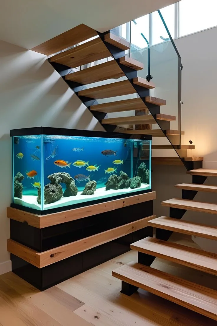 1. An Aquarium Built Directly Into a Staircase's Central Support Wall