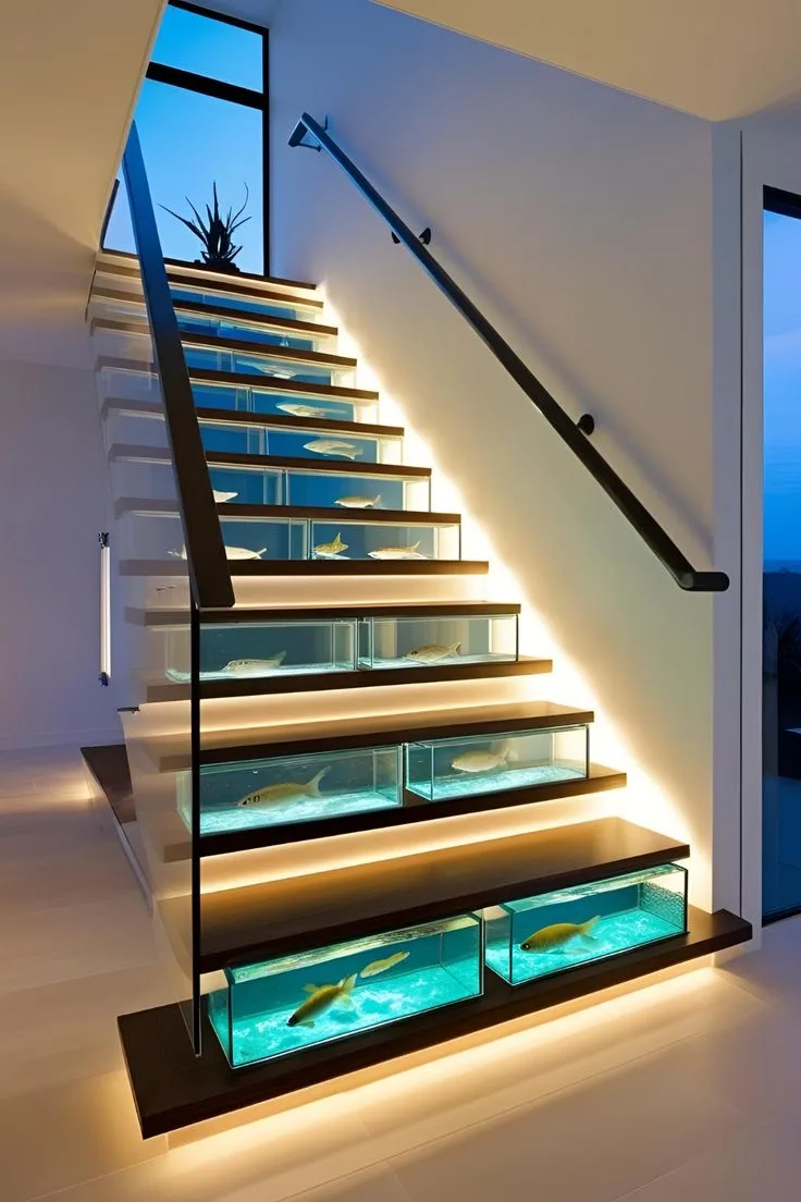 12. An Aquarium Staircase with Color-Changing LED Lighting