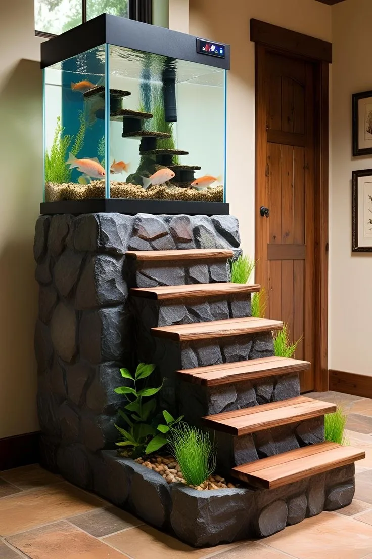 15. A Saltwater Aquarium Staircase with Vibrant Tropical Fish