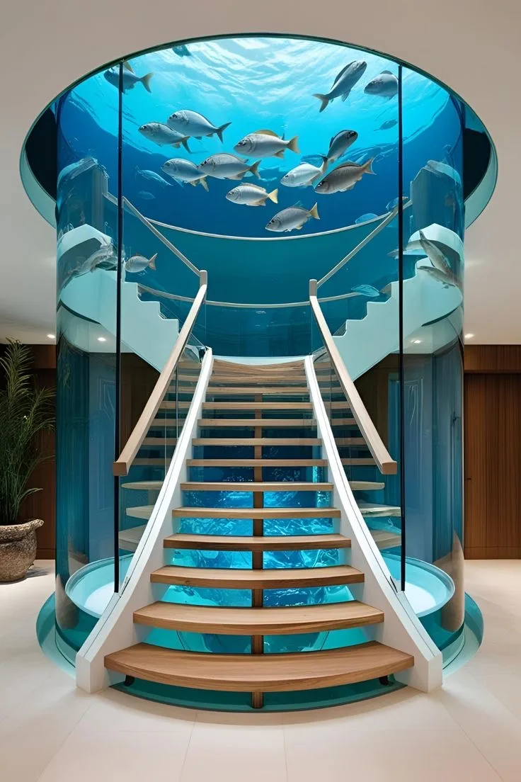 16. An Aquarium Staircase Paired with a Minimalist, All-White Interior for Contrast