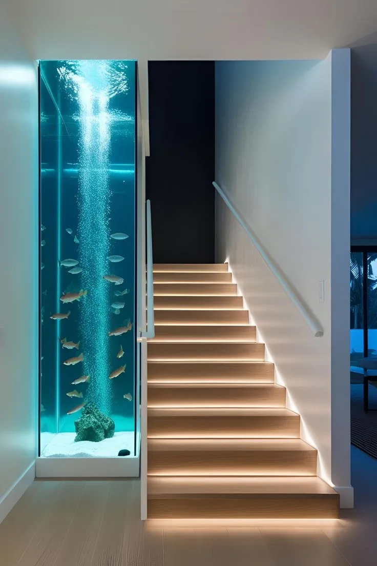 19. A Staircase with a Narrow Aquarium Strip Along the Handrail Line