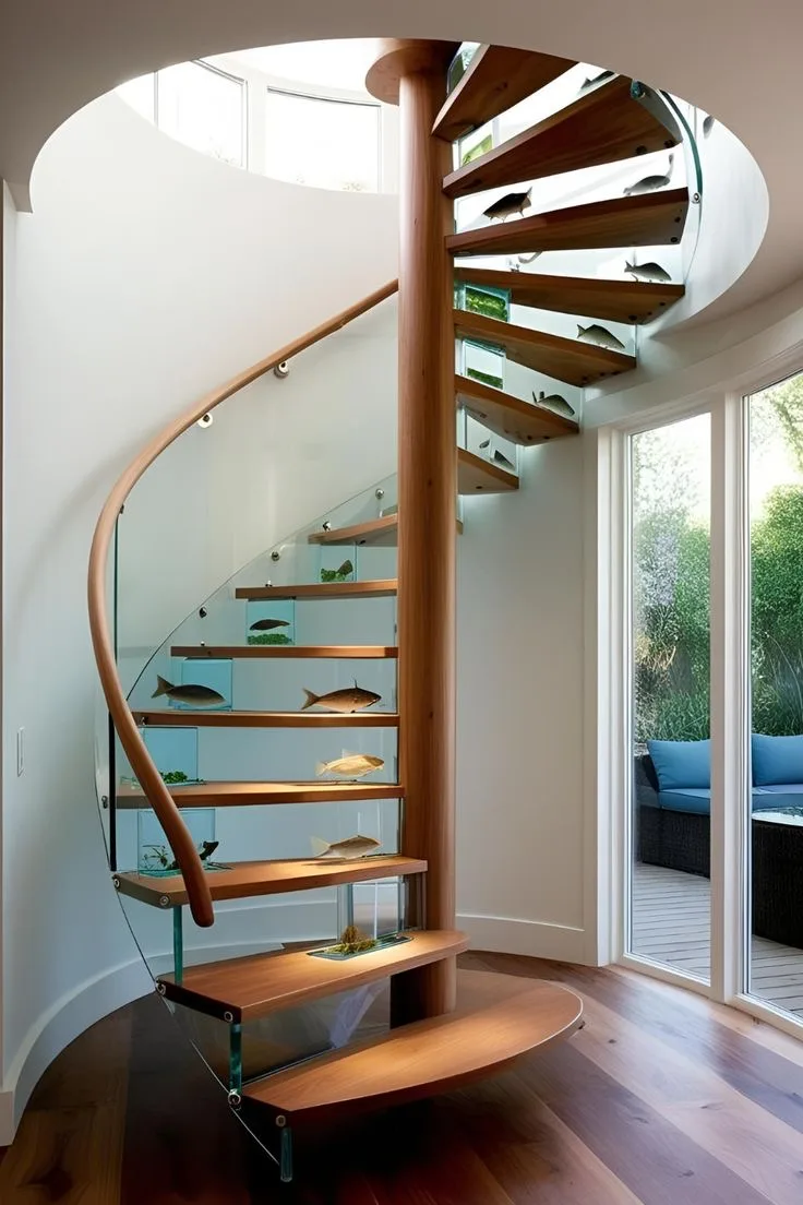 20. An Aquarium Staircase Paired with Natural Stone Stair Treads for Organic Contrast