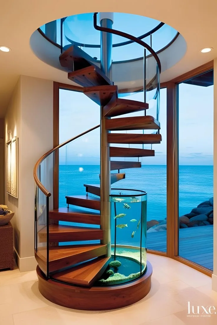 3. An Aquarium Wall Alongside a Spiral Staircase
