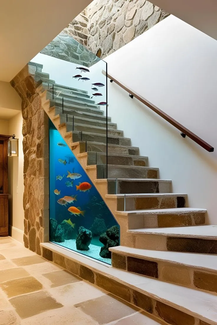 4. A Backlit Aquarium Staircase for Dramatic Evening Ambiance