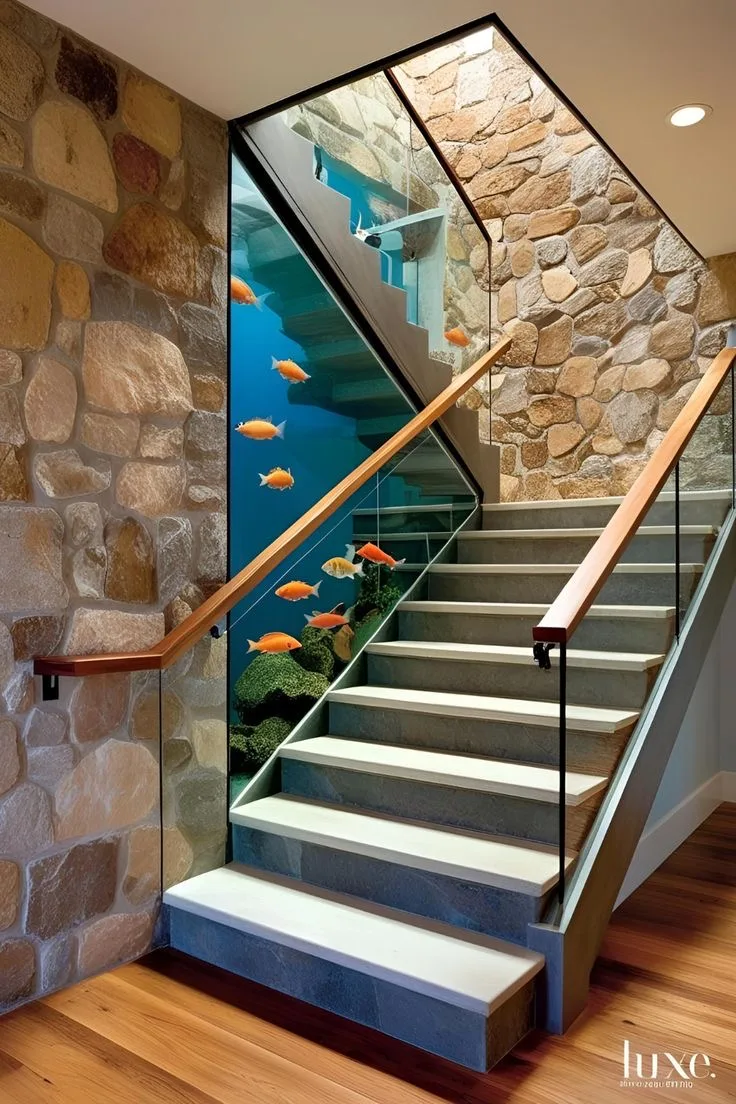 5. An Aquarium Integrated into a Staircase Landing as a Focal Pause Point