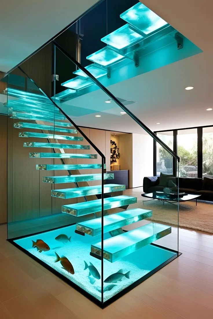 6. A Minimalist Glass-and-Steel Staircase with a Slim Aquarium Panel