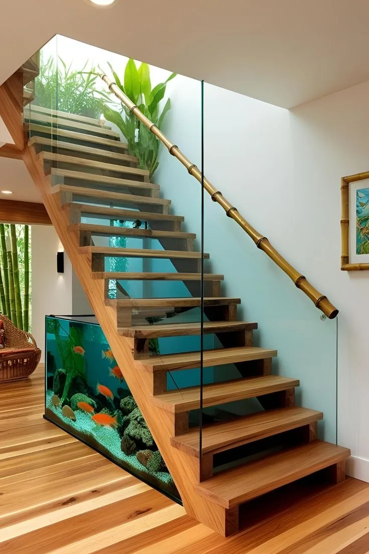 8. An Aquarium Staircase Paired with Warm Wood Stair Treads for Contrast