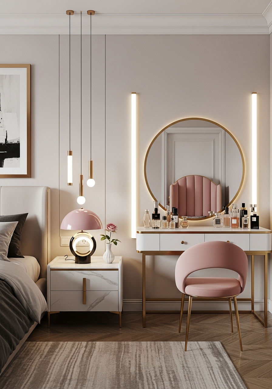 A Dedicated Glam Corner with a Vanity and Seating