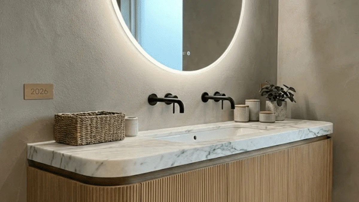 Curved, organic-shaped vanities and fixtures