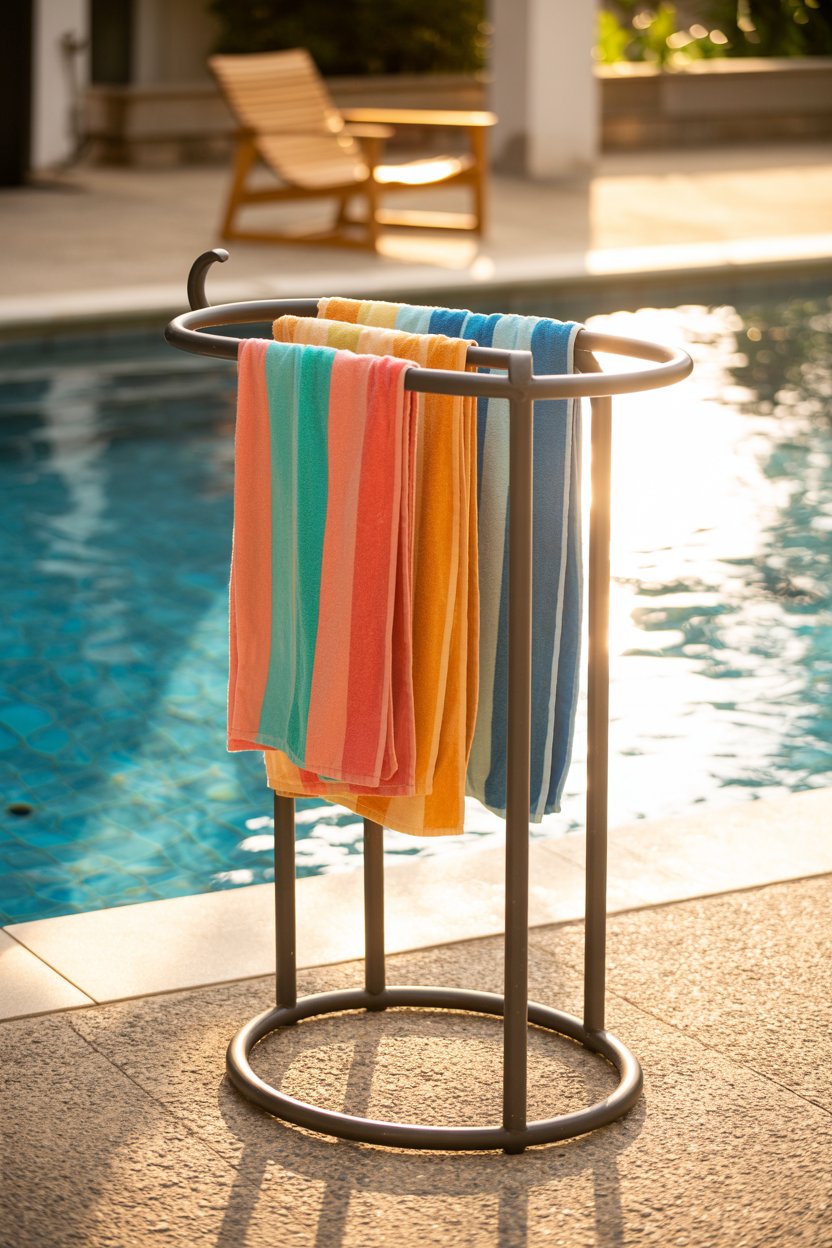 1. A Freestanding Towel Rack Near the Pool Entrance
