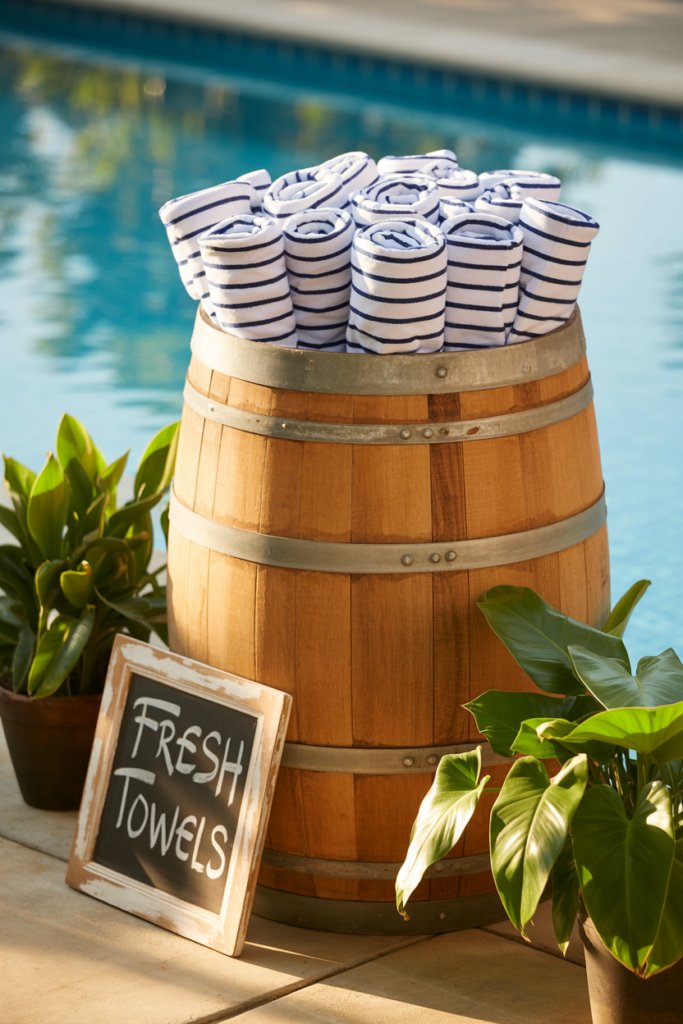 11. A Repurposed Rustic Wood Barrel for Rolled Towel Storage