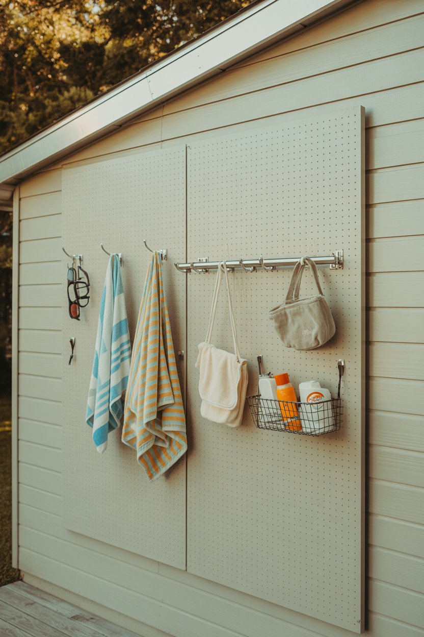12. A Wall-Mounted Slatted and Pegboard Gear Rack for Quick Drying