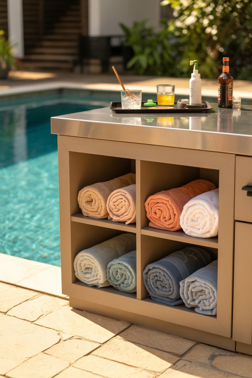 14. A Built-In Deck Bench with Under-Seat Towel Storage Cubbies