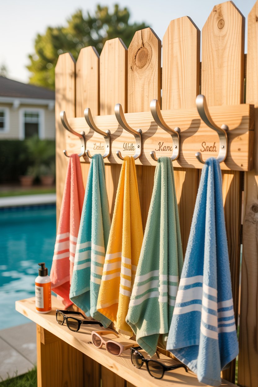 15. A Personalized Towel Hook Station with Custom Name Tags