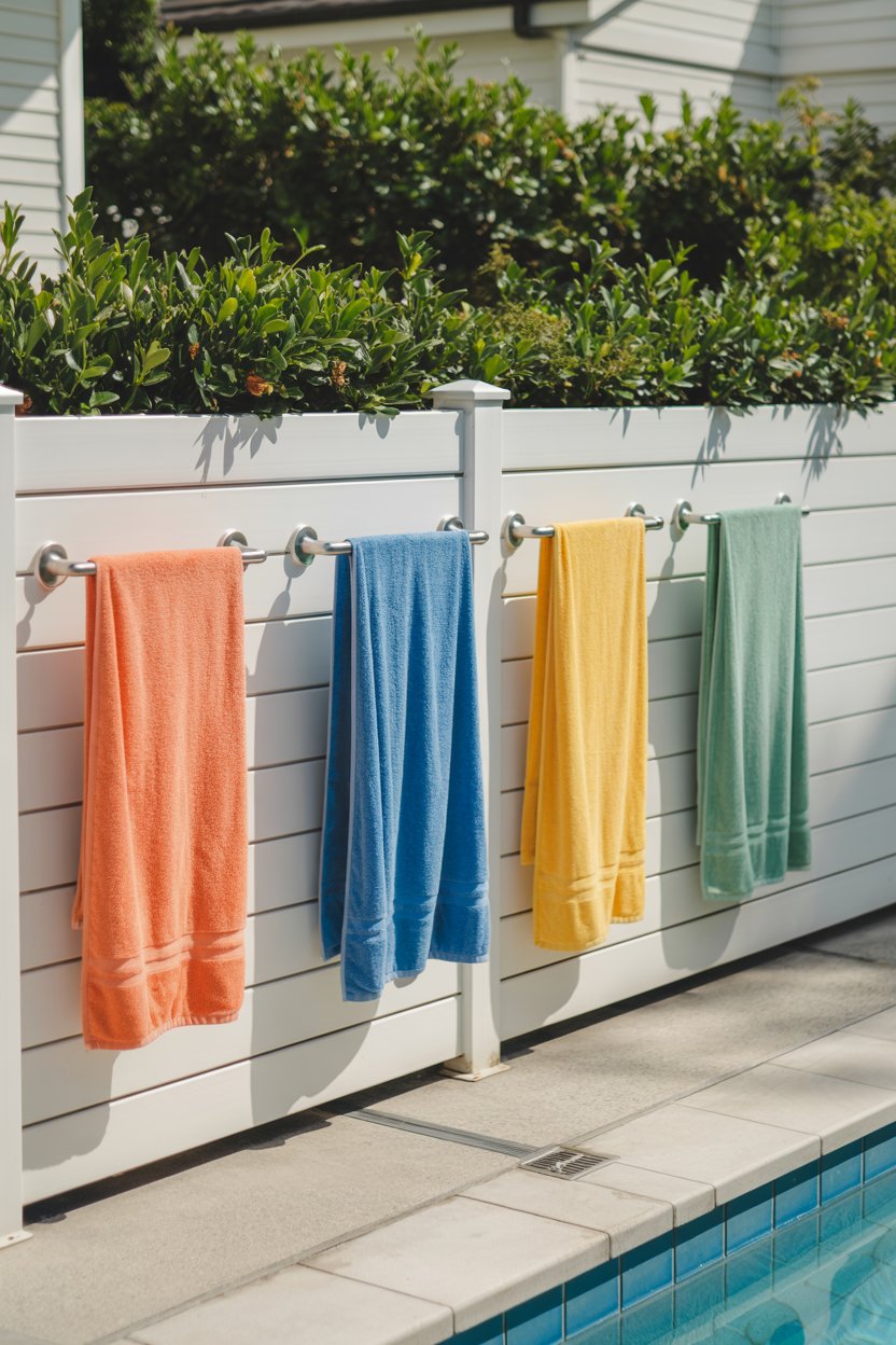 2. Wall-Mounted Towel Bars Along a Fence or Pool House Wall