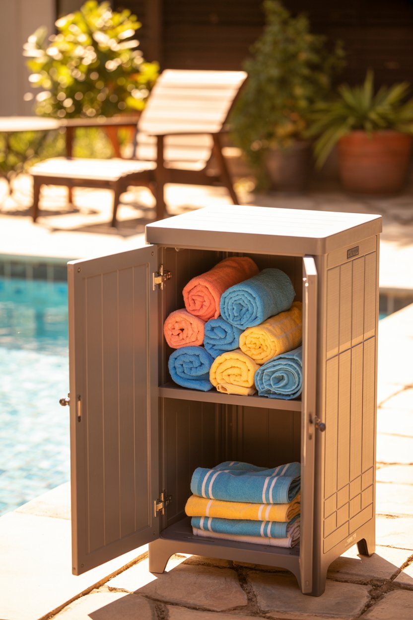 3. A Tall Outdoor Storage Cabinet for Fresh, Weatherproof Towels