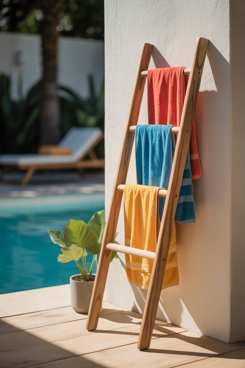 4. A Decorative Ladder Towel Holder Leaned Against an Outdoor Wall