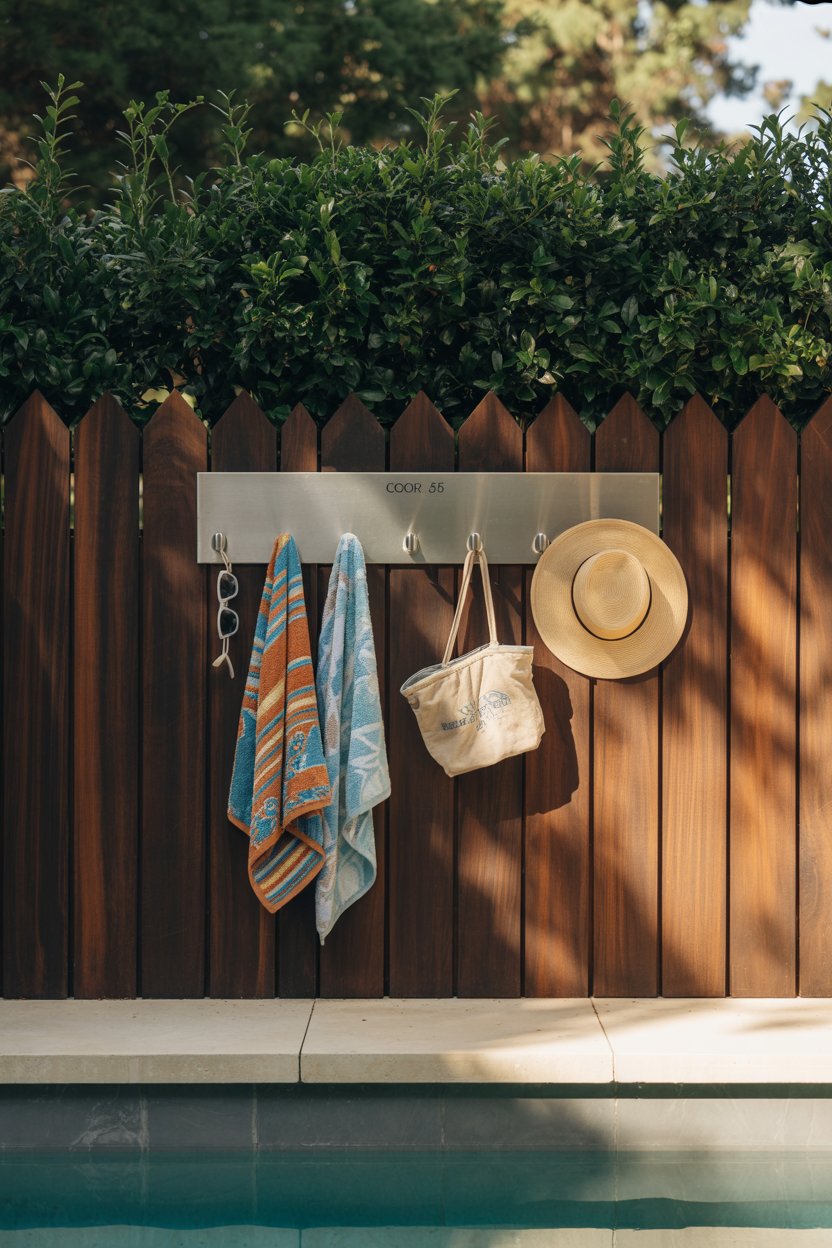 6. A Pool Towel Bar with Hooks Underneath for Gear and Towels