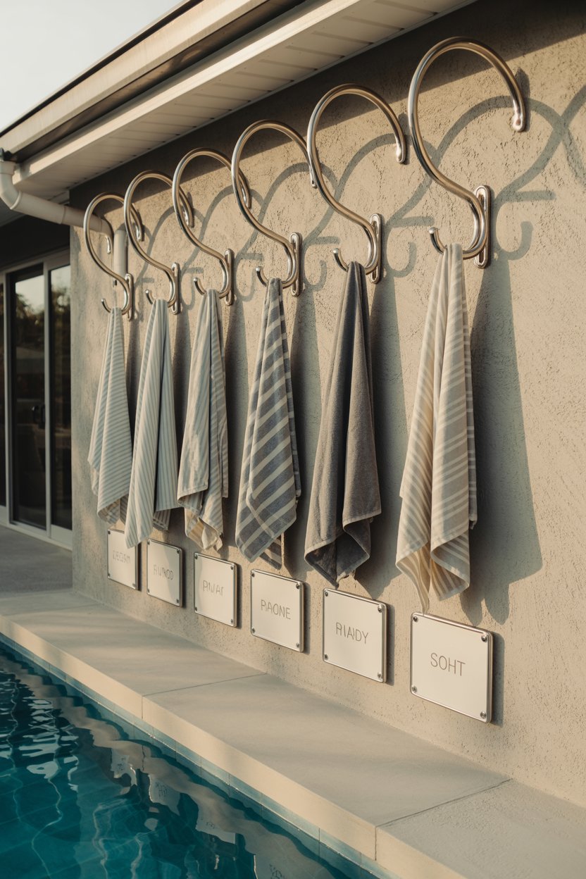9. Outdoor Wall-Mounted Hooks in a Row for Family Towel Spots