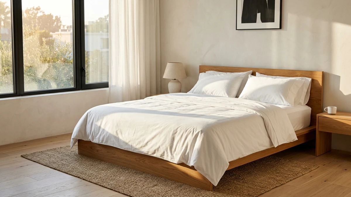Crisp White Percale Sheets Styled in a Modern Minimalist Bedroom