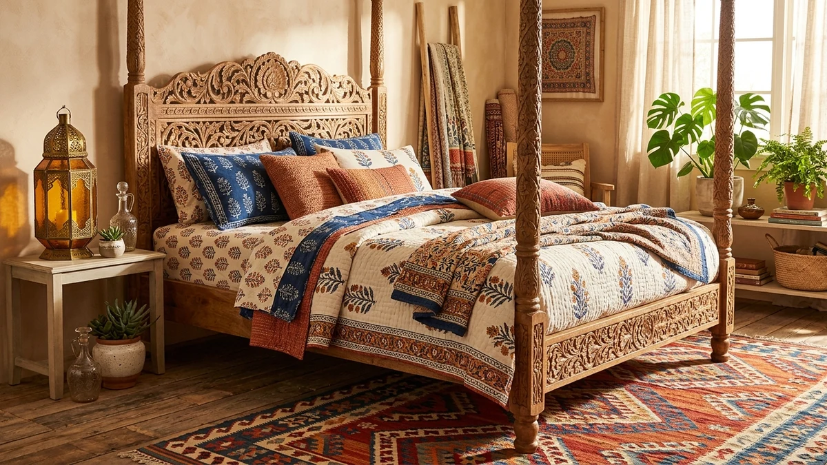 Patterned Indigo and Terracotta Block-Print Cotton Sheets in an Eclectic Global Bedroom