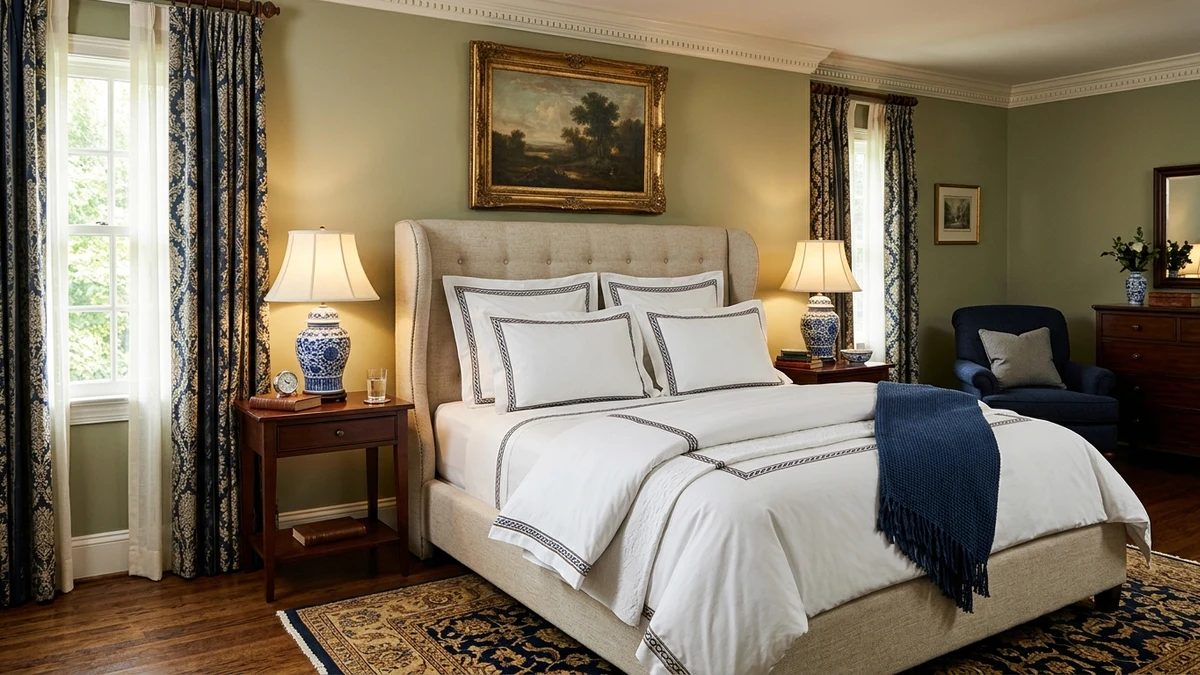 Classic White Egyptian Cotton Sheets with Navy Embroidered Trim in a Traditional Bedroom