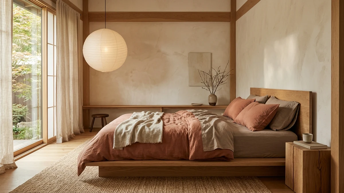 Matte Terracotta and Warm Stone Organic Cotton Sheets in a Japandi Bedroom