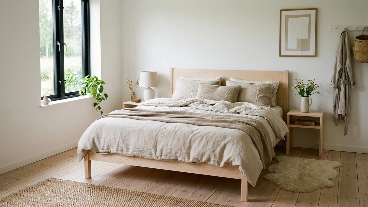 Warm Oatmeal Linen Sheets in a Scandinavian Bedroom