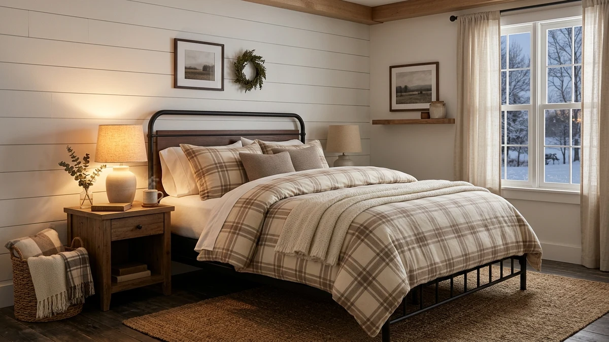 Soft Plaid Cotton Flannel Sheets in a Cozy Farmhouse Bedroom