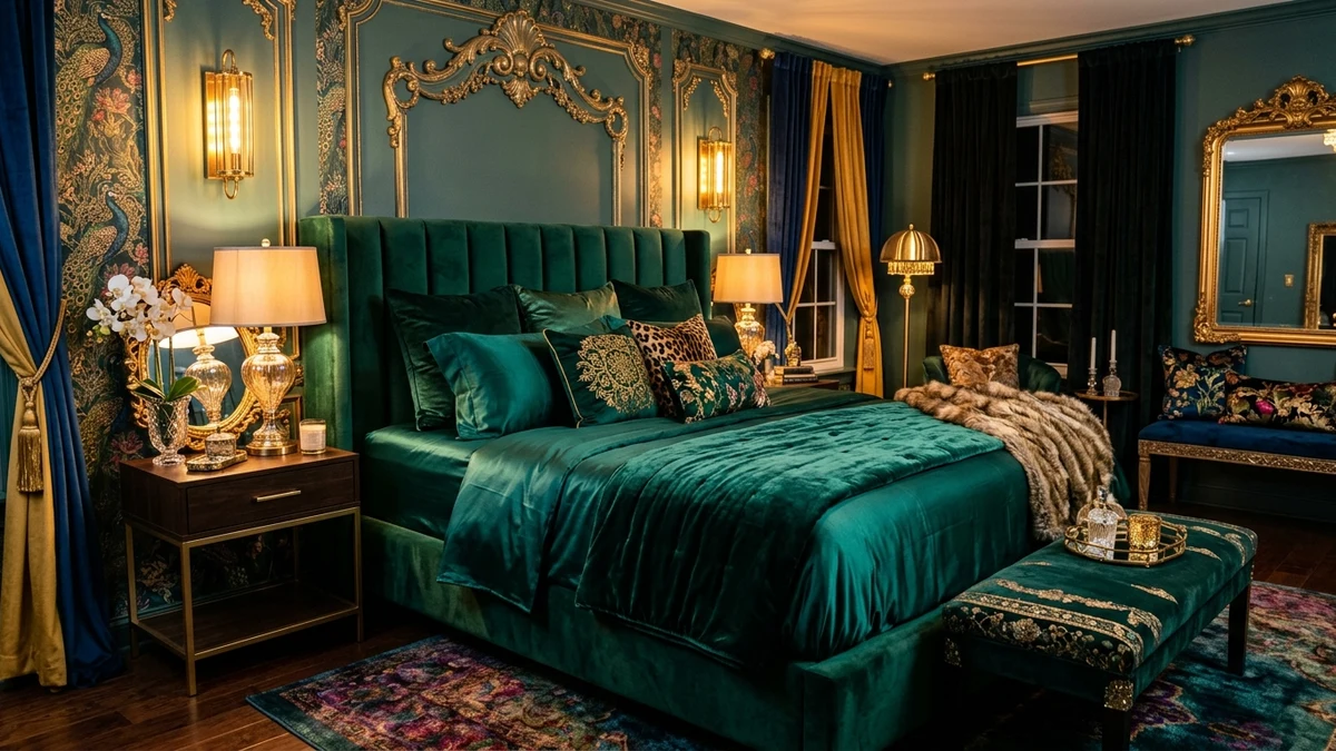 Jewel-Toned Emerald Cotton Sateen Sheets in a Maximalist Glam Bedroom