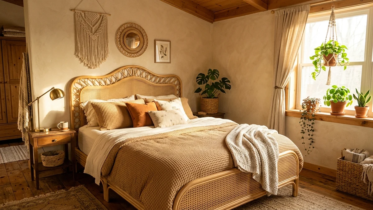 Neutral Textured Waffle-Weave Sheets in a Bohemian Rattan Bedroom