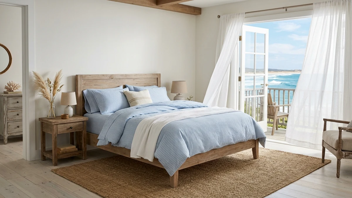 Crisp Sky-Blue and White Striped Cotton Sheets in an Airy Coastal Bedroom
