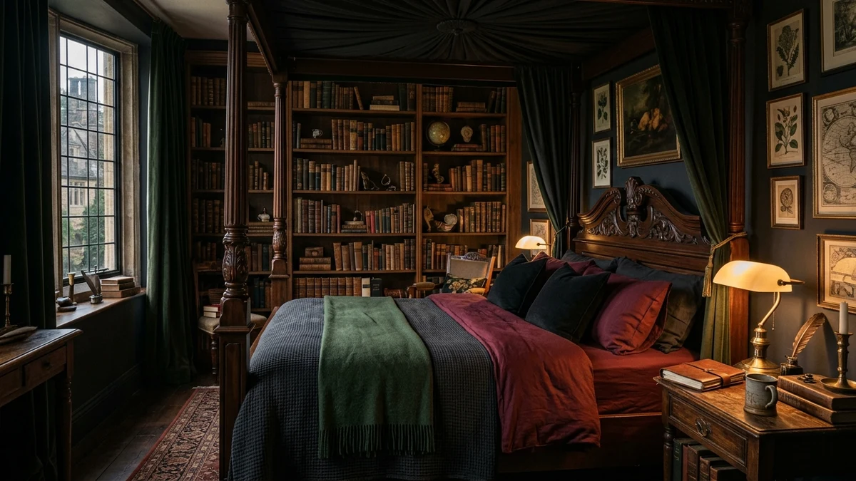 Deep Moody Burgundy and Forest Green Sheets in a Dark Academia Bedroom