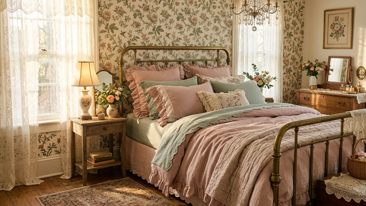 Soft Pastel Blush Rose and Sage Ruffled Sheets in a Romantic Vintage Bedroom