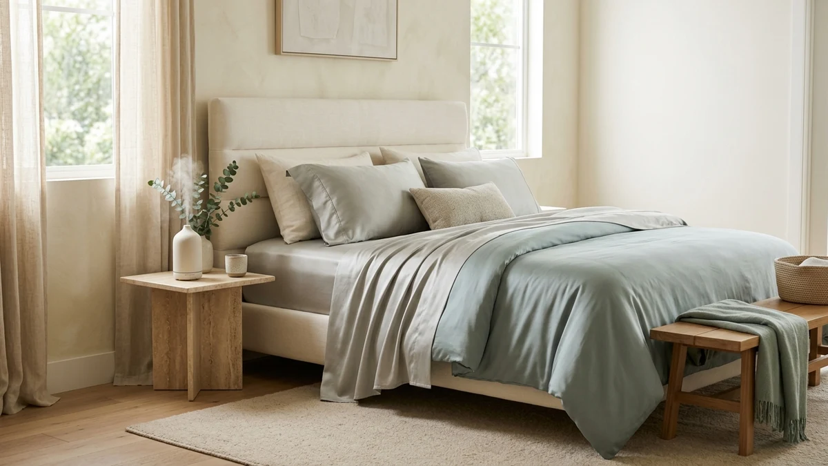 Silky Silver-Sage Bamboo and Eucalyptus Lyocell Sheets in a Modern Spa Bedroom