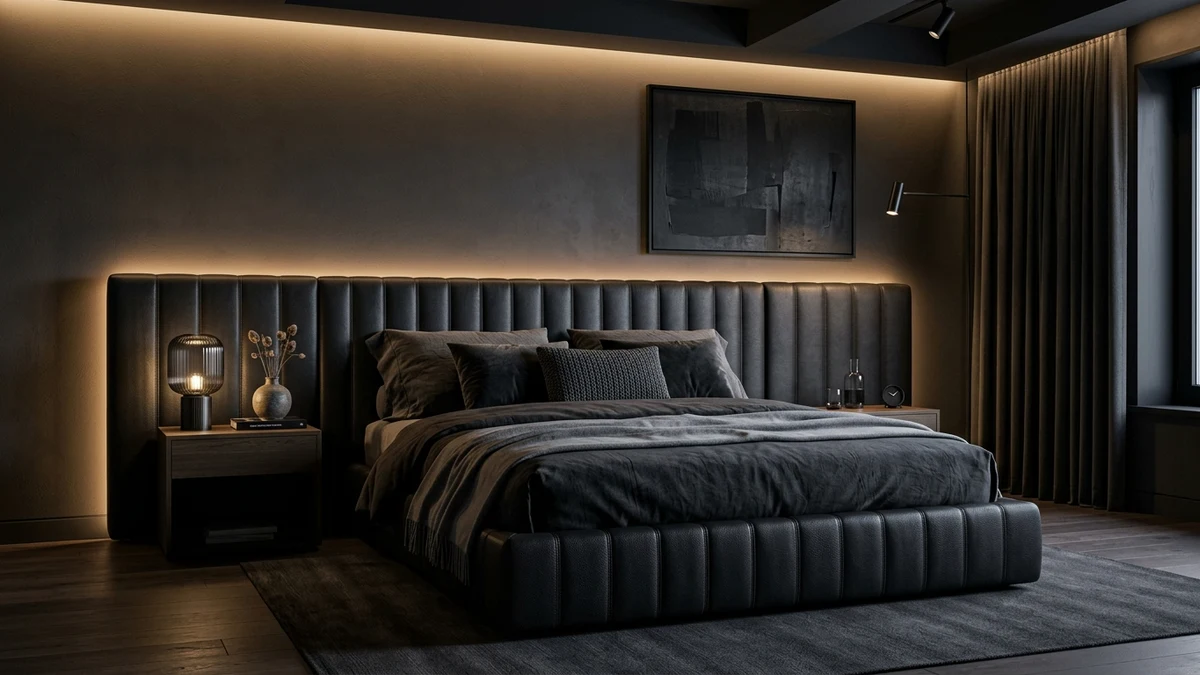 A black leather-upholstered frame for a moody, tailored look
