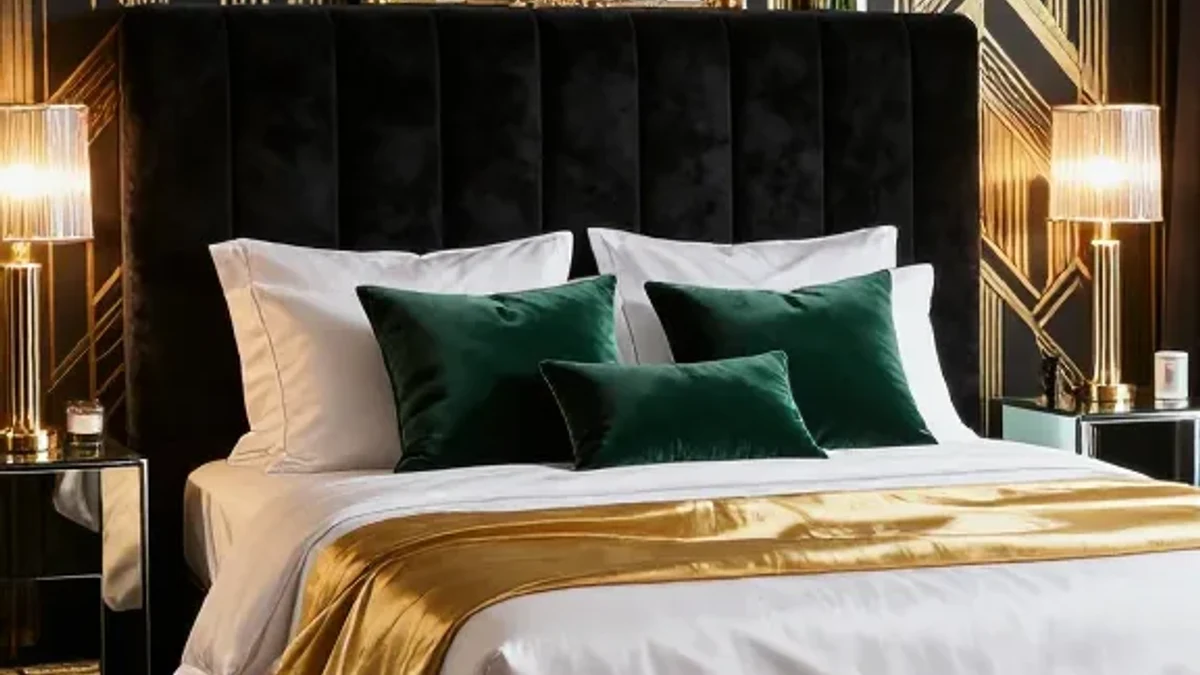 A black wood platform frame with brass hardware accents