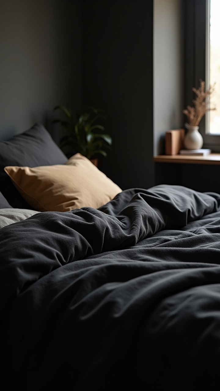 Matte Black Accent Wall Paired with Warm Wood Tones