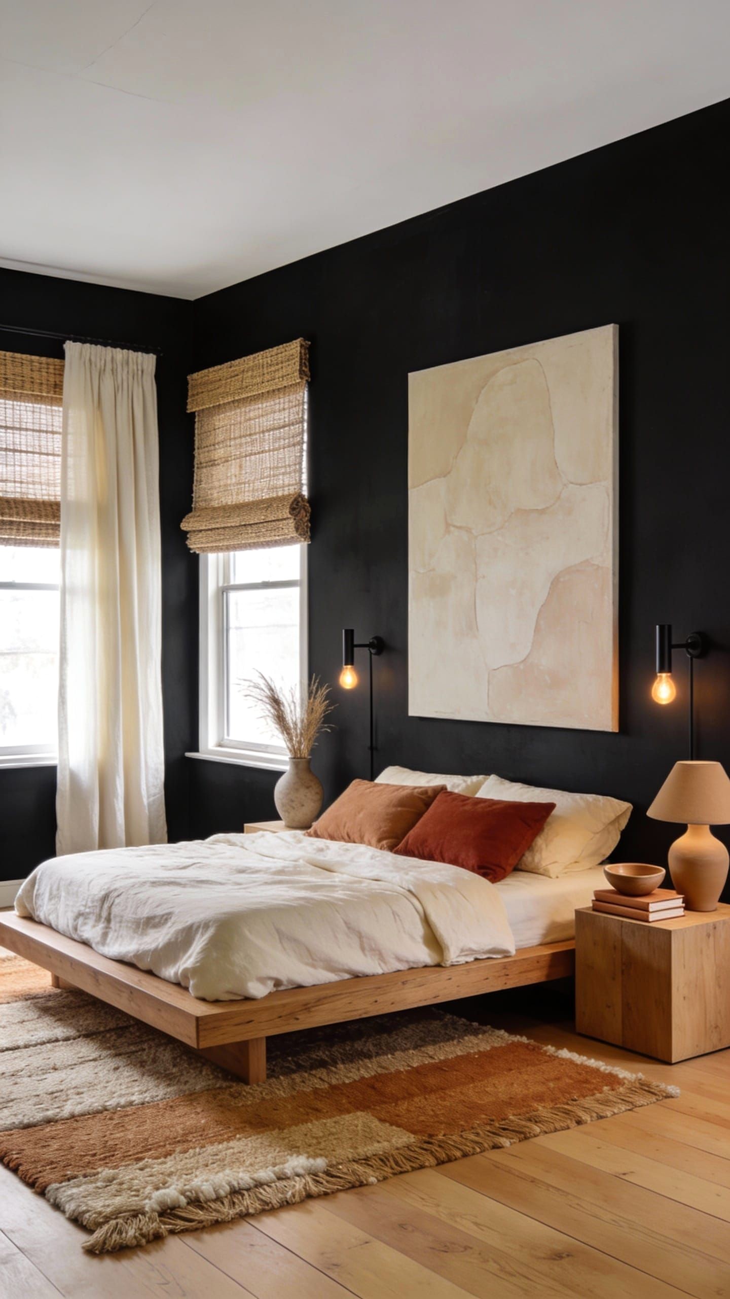 Black Bedroom Walls with Layered Lighting