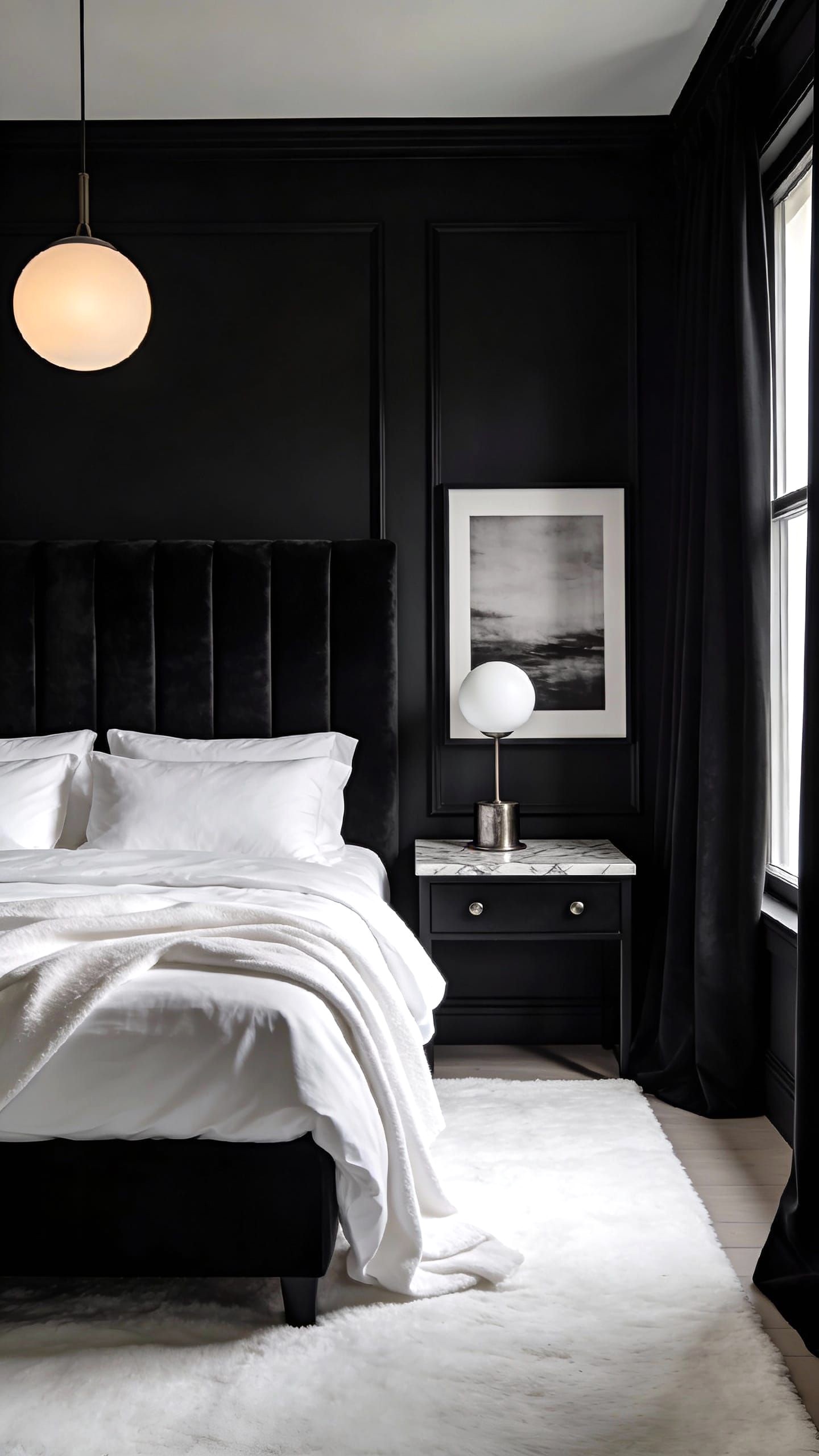Textured Black Plaster Wall in Bedroom