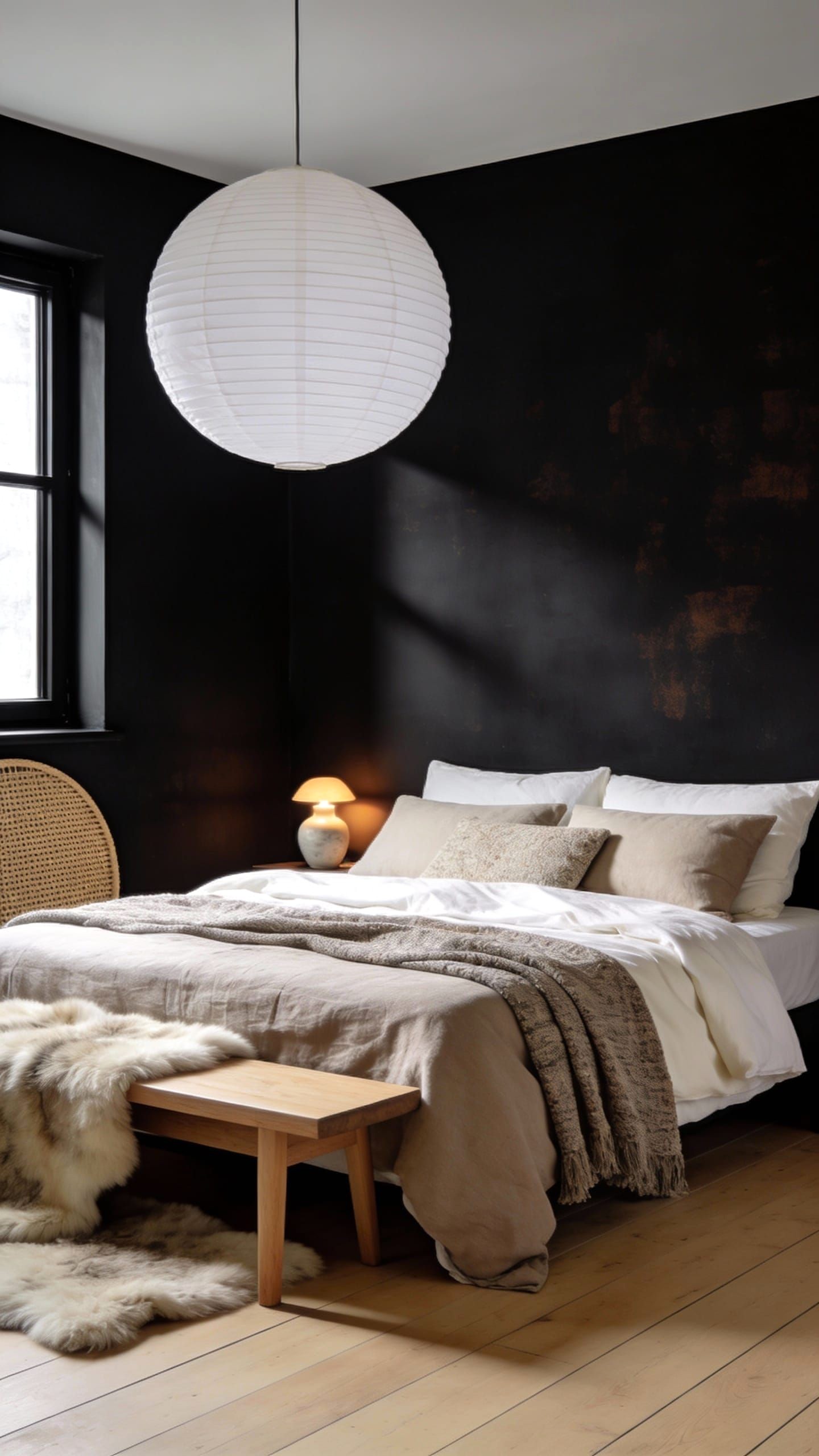 Black Walls with Warm Wood Flooring