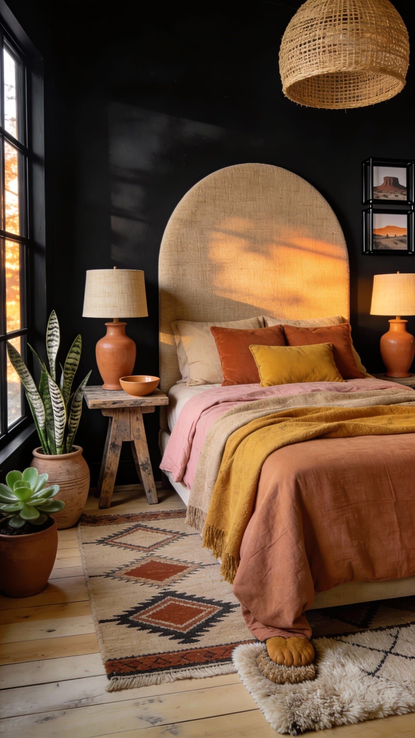 Black Walls with Natural Wood Furniture