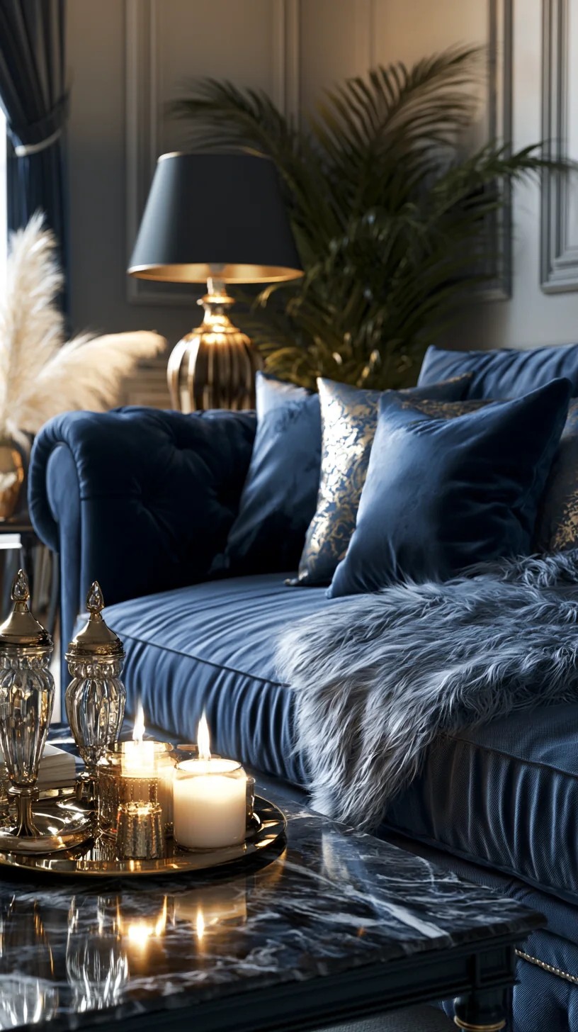 Navy Couch with Warm Amber-Toned Lighting