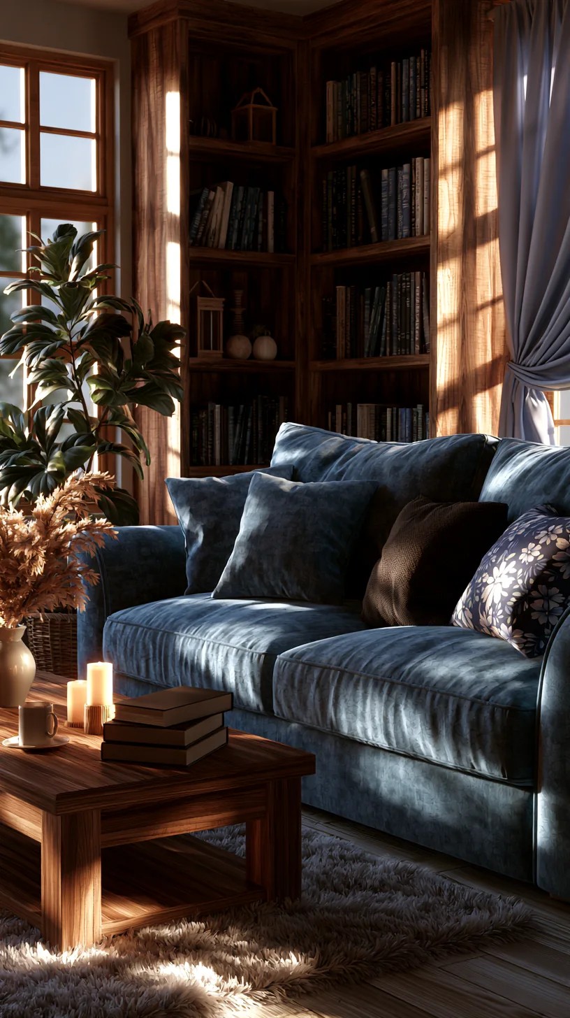 Navy Couch with Warm Brass Lighting Accents