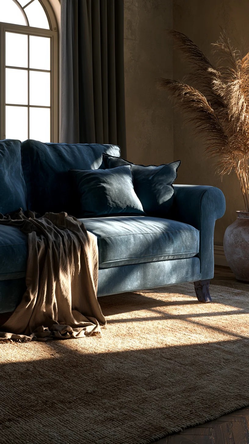 Steel Blue Couch Paired with Warm Brass and Wood Side Tables