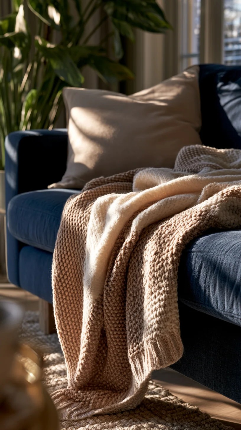 Slate Blue Couch Paired with Warm Caramel Leather Accents