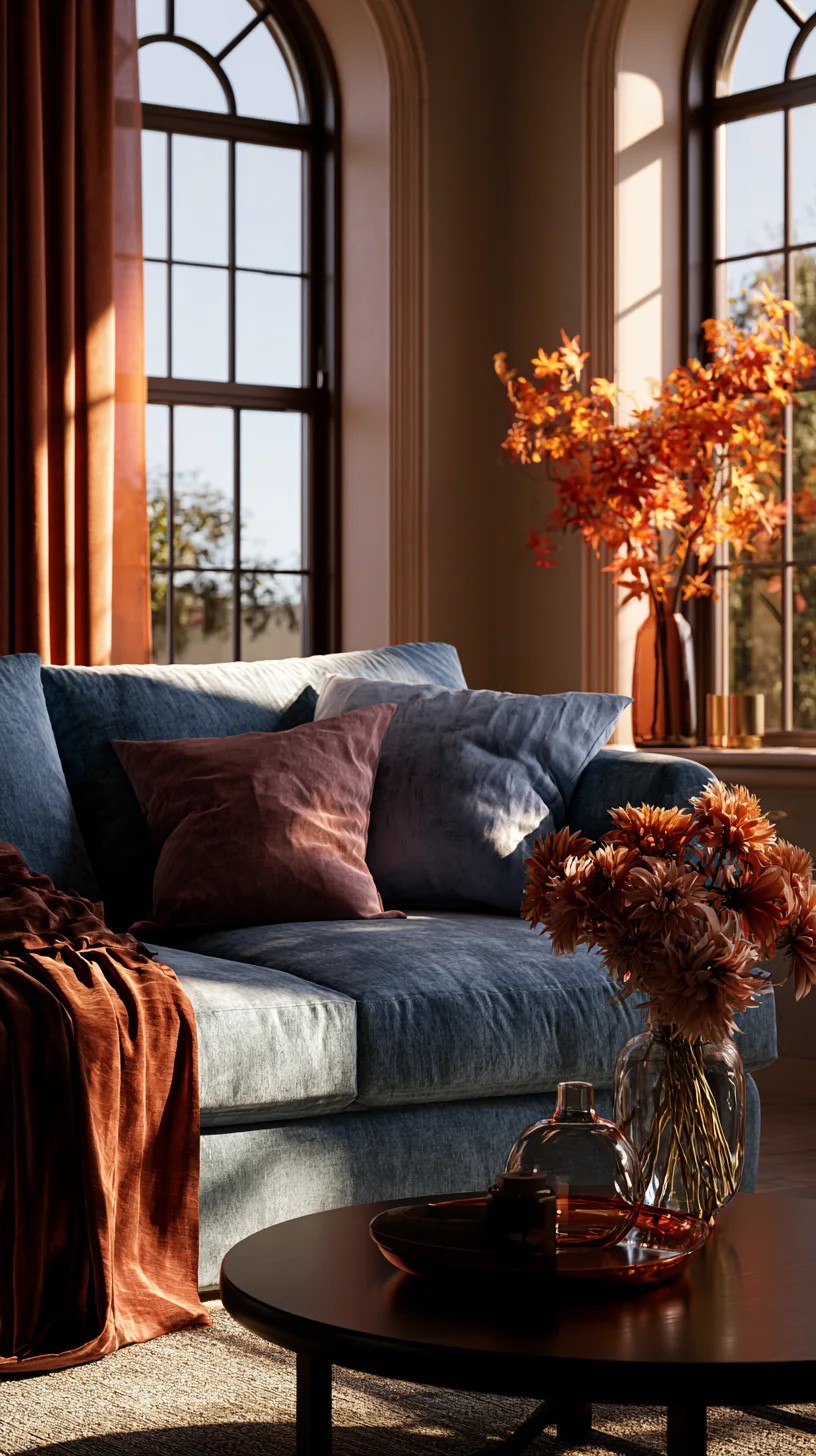 Navy Couch against a Warm Beige or Greige Wall
