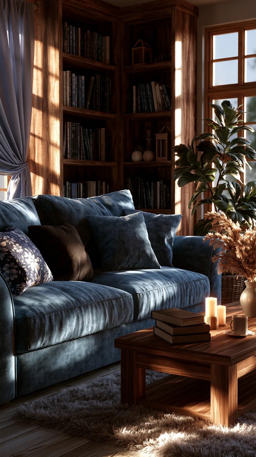 Denim Blue Couch Paired with Warm Mustard Accents
